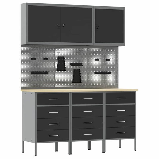 Werkbank mit Schubladen 8 pcs Schwarz 150 x 55 x 200 cm Stahl