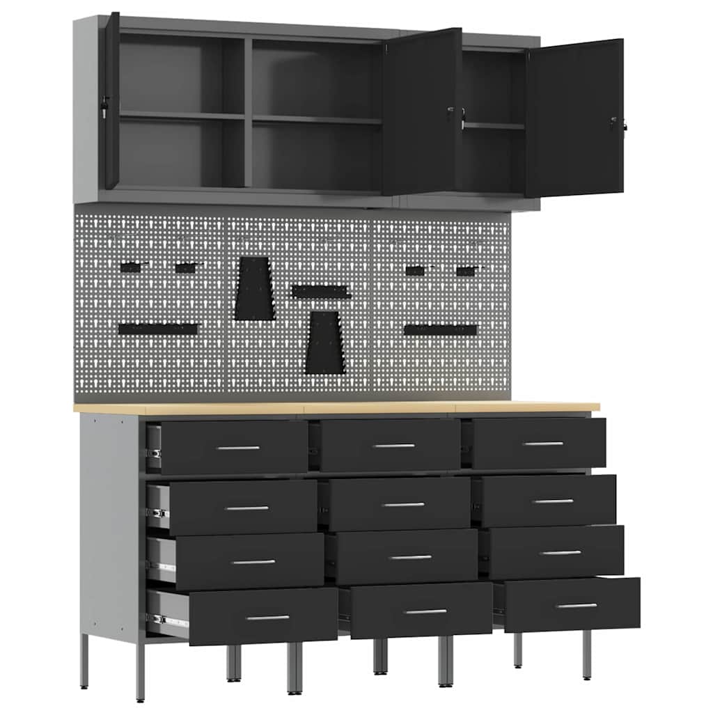 Werkbank mit Schubladen 8 pcs Schwarz 150 x 55 x 200 cm Stahl