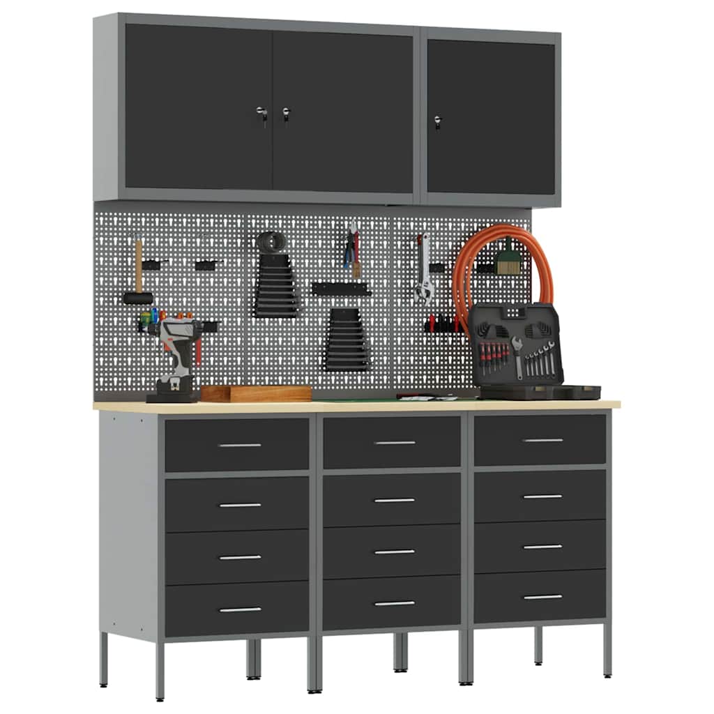 Werkbank mit Schubladen 8 pcs Schwarz 150 x 55 x 200 cm Stahl