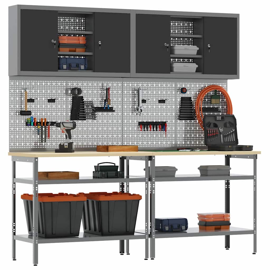 Werkbank-Set mit Regal mit Speicher 8 pcs Grau Stahl