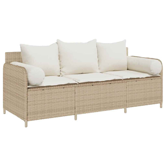 Gartensofa mit Kissen 3-Sitzer Beige Poly Rattan