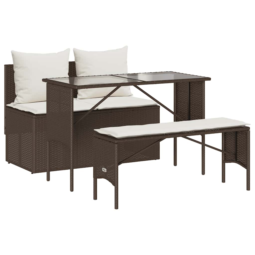 3-tlg. Garten-Essgruppe mit Kissen Braun Poly Rattan