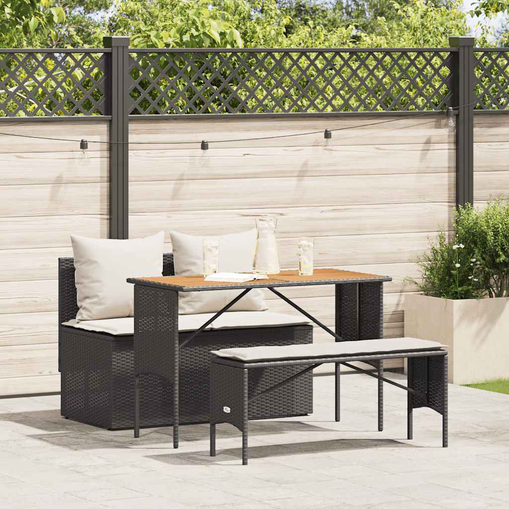 3-tlg. Garten-Essgruppe mit Kissen Schwarz Poly Rattan