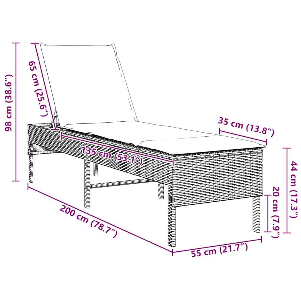 Sonnenliege mit Auflage Hellgrau 55x200x44 cm Poly Rattan