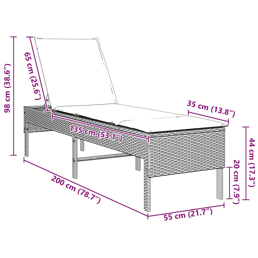Sonnenliege mit Auflage Grau 55x200x44 cm Poly Rattan