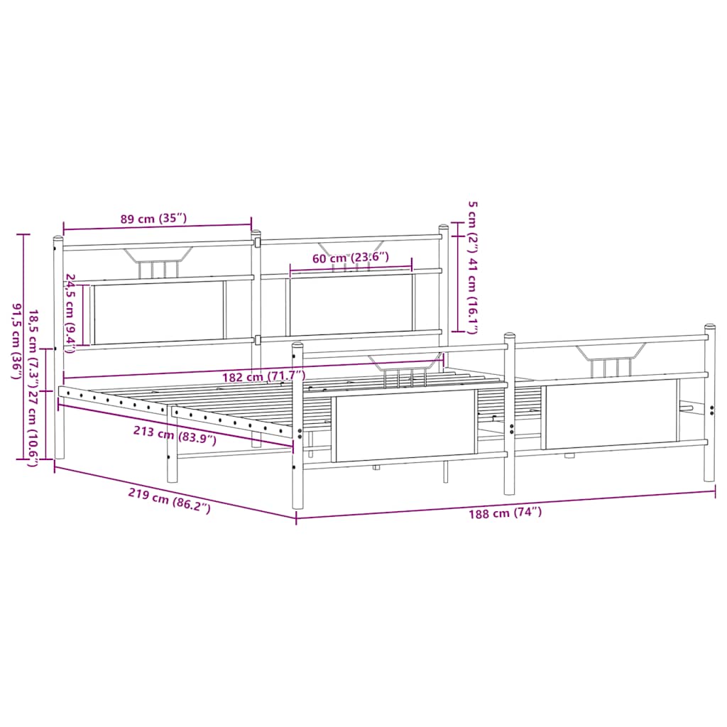 Metalseng uden madras brun eg look 183x213 cm
