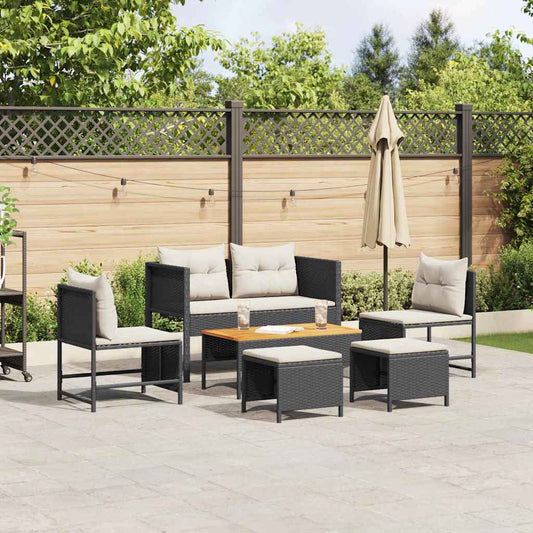 Garten-Sofa-Set 6 pcs Schwarz, Creme Poly-Rattan