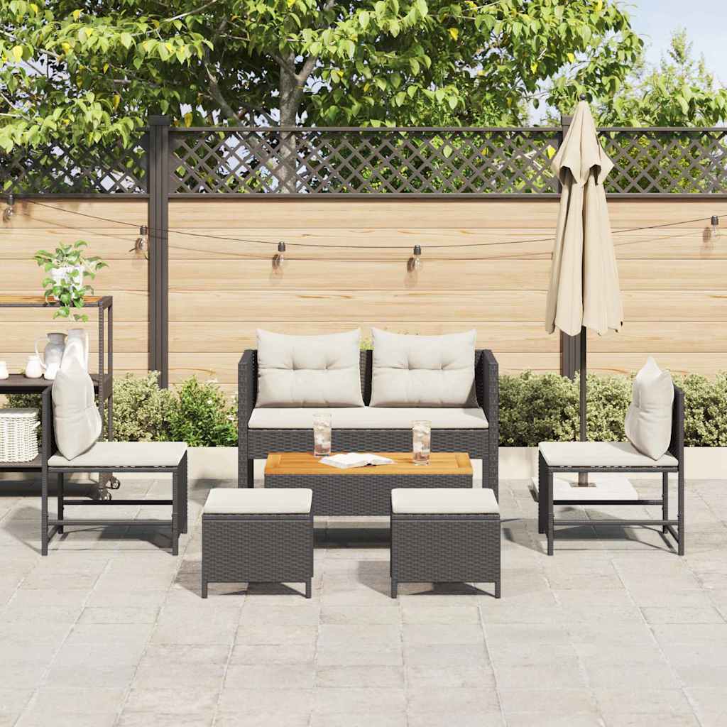 Garten-Sofa-Set 6 pcs Schwarz, Creme Poly-Rattan