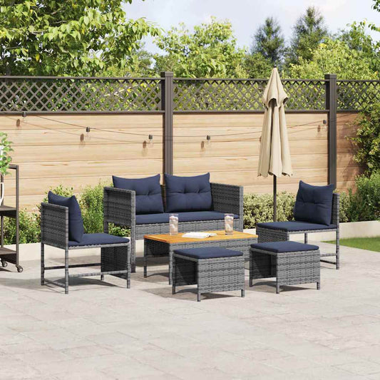 Garten-Sofa-Set 6 pcs Grau und marineblau Poly-Rattan