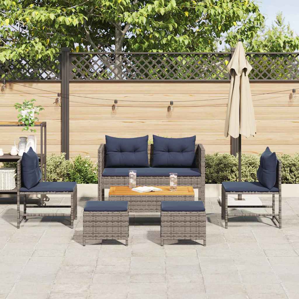 Garten-Sofa-Set 6 pcs Grau und marineblau Poly-Rattan