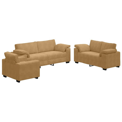 3-tlg. Sofagarnitur mit Kissen Braun Samt