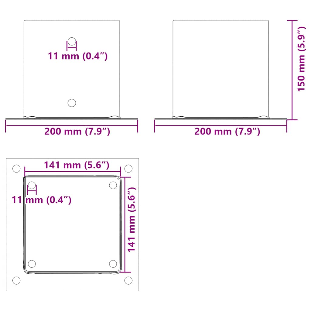 Pfostenträger Quadrat 4 Stk. 141x141 mm Stahl Pulverbeschichtet