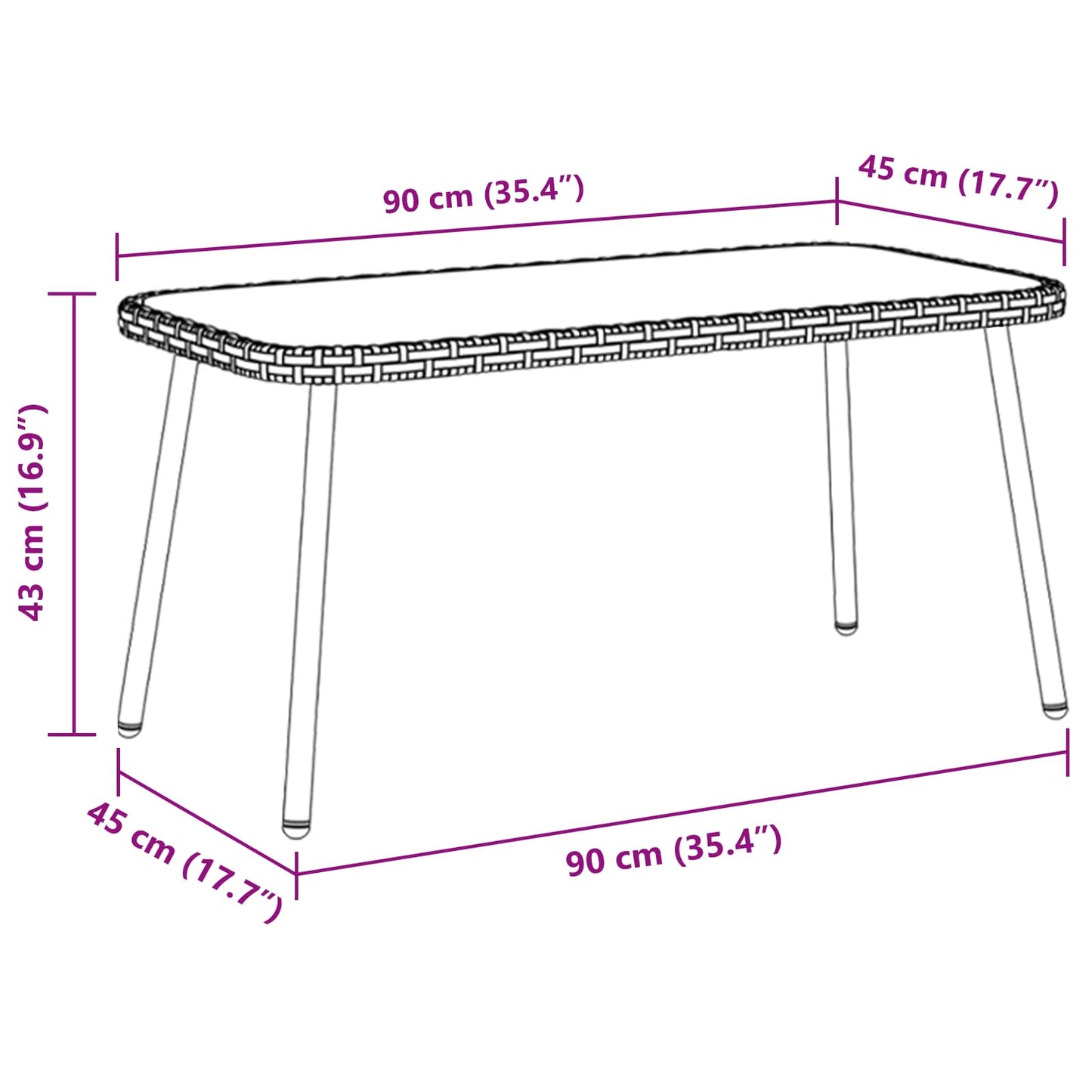 Couchtisch Schwarz 90 x 45 x 43 cm Poly-Rattan und Glas