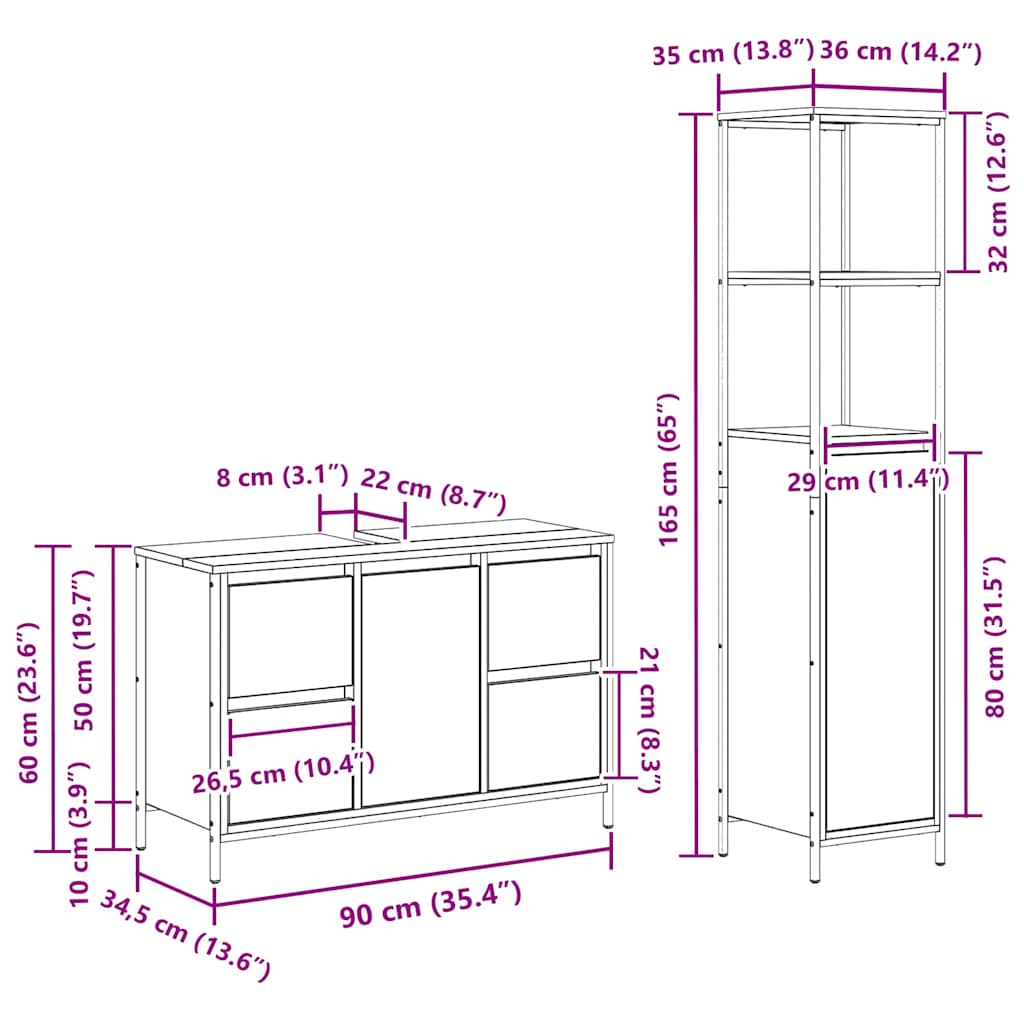 Badezimmermöbel Set mit Schubladen 2 pcs Schwarz Eichen-Optik