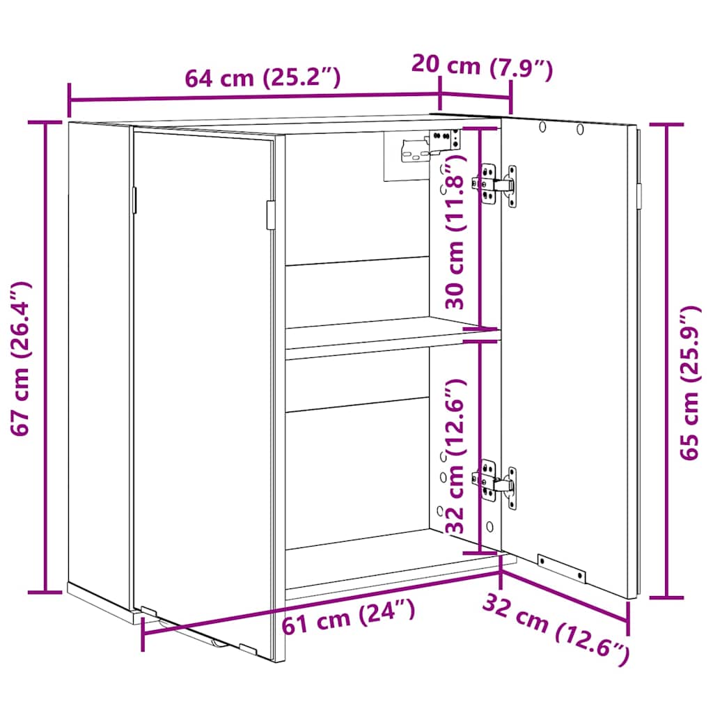Badezimmer-Spiegelschrank - Schwarzer Eichenlook, 64x20x66.5 cm, Gefertigt aus Holzwerkstoff