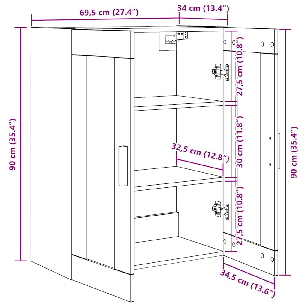 Wandschrank Wandmontiert Schwarze Eiche 69.5 x 34 x 90 cm