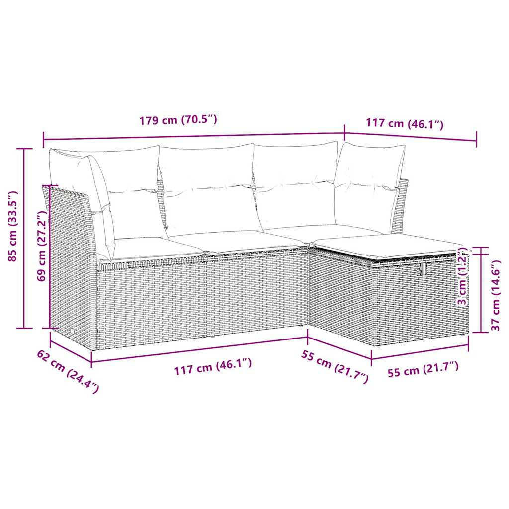 4-tlg. Garten-Sofagarnitur mit Kissen Braun Poly Rattan