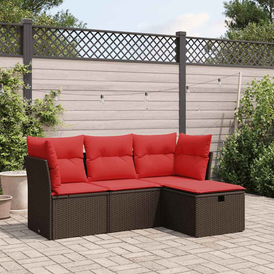 4-tlg. Garten-Sofagarnitur mit Kissen Braun Poly Rattan