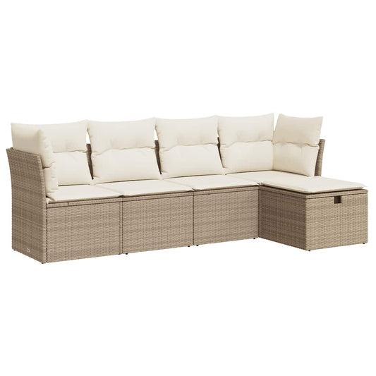 5-tlg. Garten-Sofagarnitur mit Kissen Beige Poly Rattan