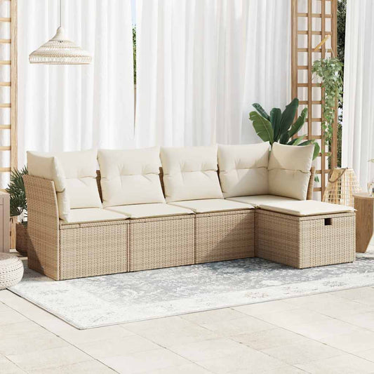 5-tlg. Garten-Sofagarnitur mit Kissen Beige Poly Rattan