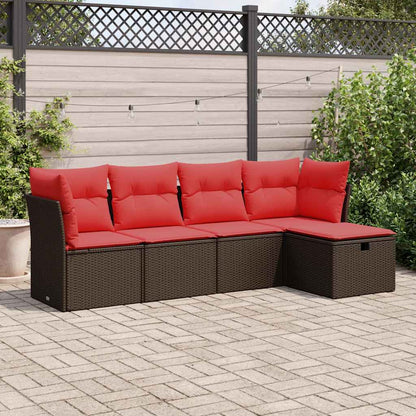 5-tlg. Garten-Sofagarnitur mit Kissen Braun Poly Rattan