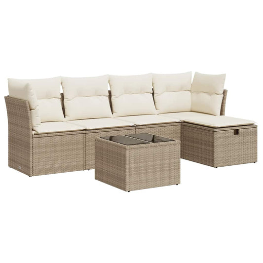 6-tlg. Garten-Sofagarnitur mit Kissen Beige Poly Rattan