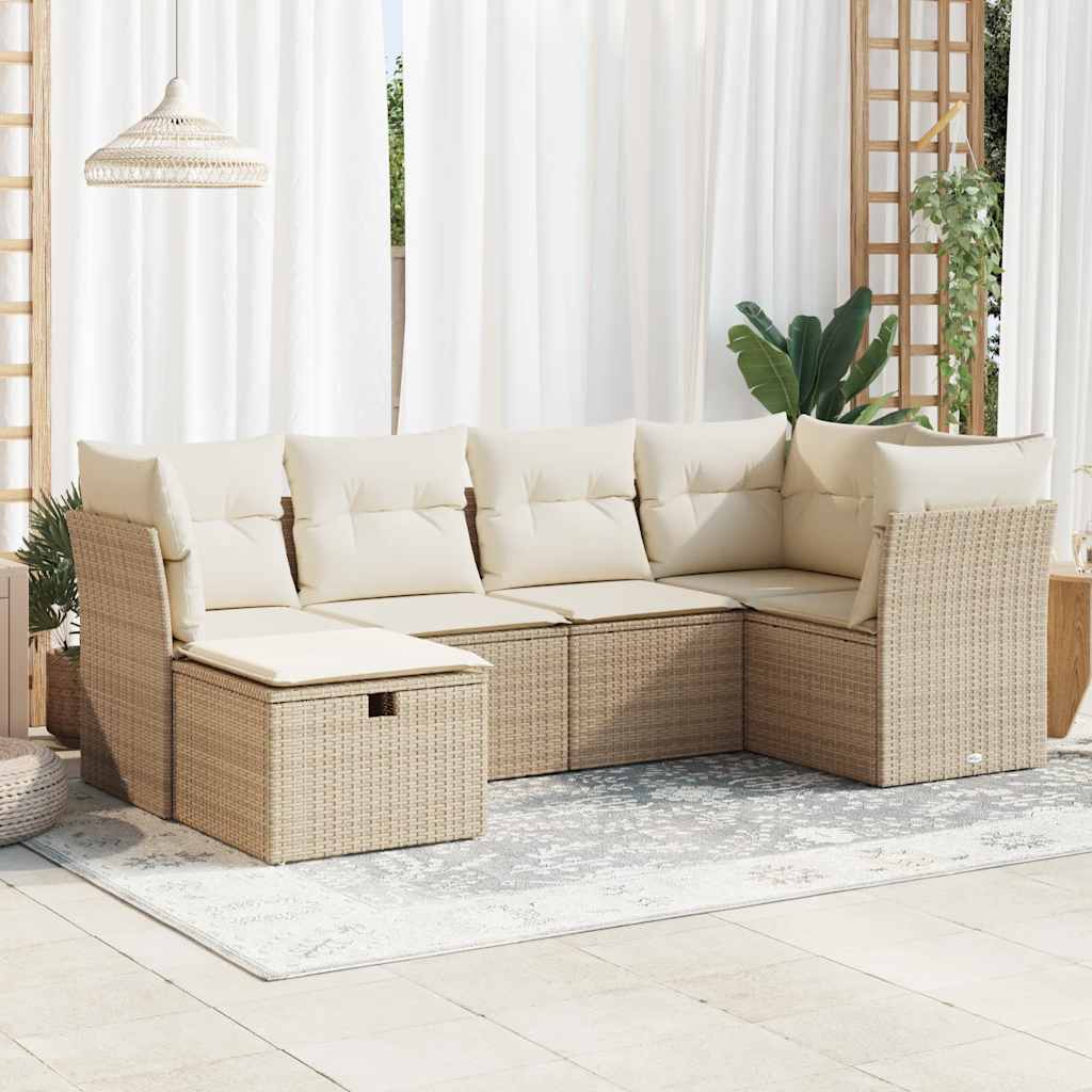 6-tlg. Garten-Sofagarnitur mit Kissen Beige Poly Rattan