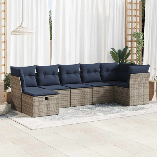 7-tlg. Garten-Sofagarnitur mit Kissen Grau Poly Rattan