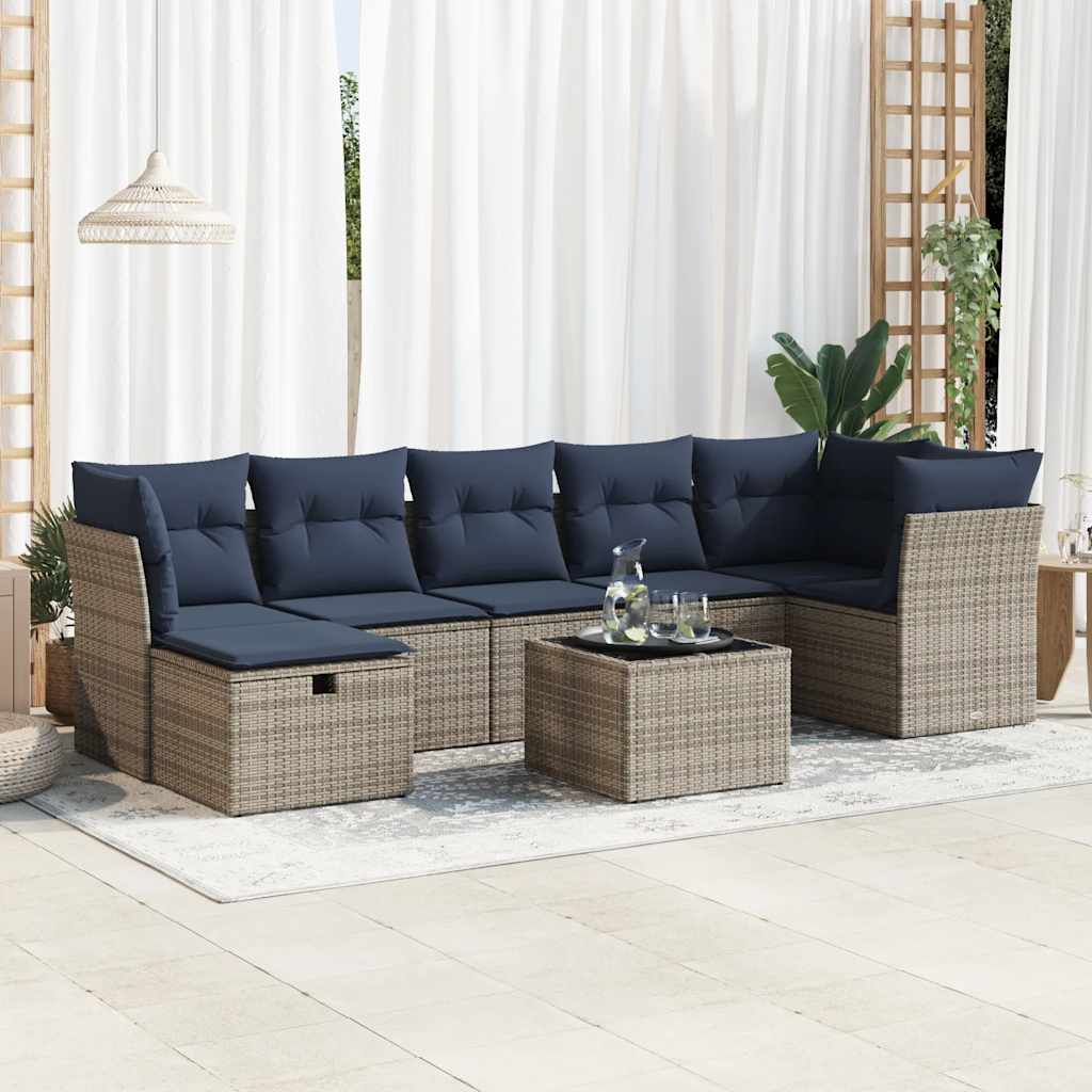 8-tlg. Garten-Sofagarnitur mit Kissen Grau Poly Rattan
