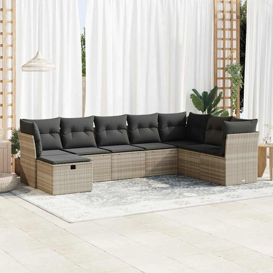 8-tlg. Garten-Sofagarnitur mit Kissen Hellgrau Poly Rattan