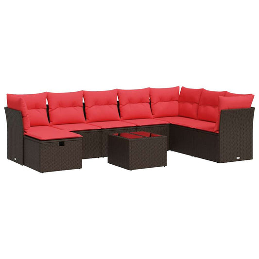 9-tlg. Garten-Sofagarnitur mit Kissen Braun Poly Rattan
