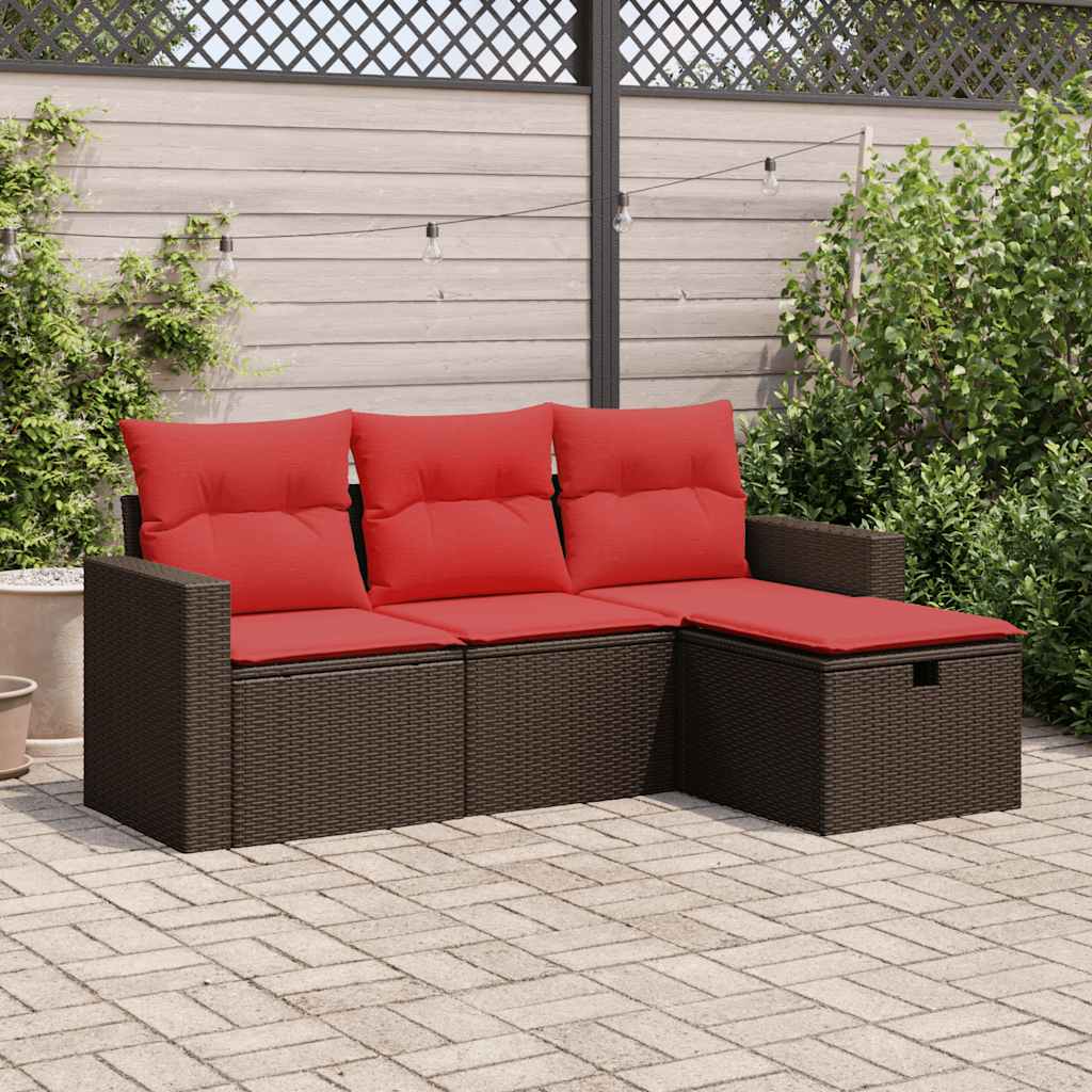 4-tlg. Garten-Sofagarnitur mit Kissen Braun Poly Rattan