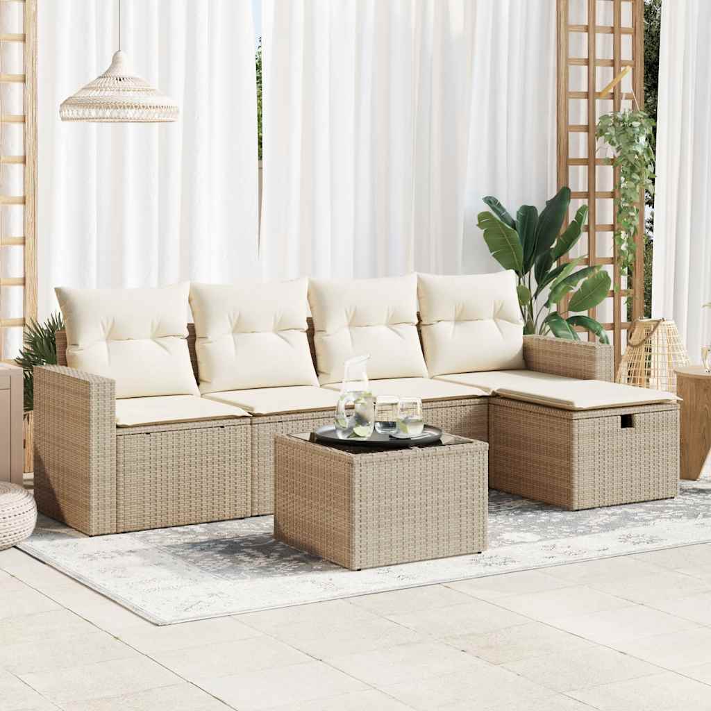 6-tlg. Garten-Sofagarnitur mit Kissen Beige Poly Rattan
