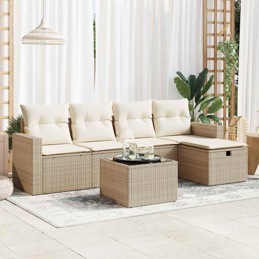 6-tlg. Garten-Sofagarnitur mit Kissen Beige Poly Rattan