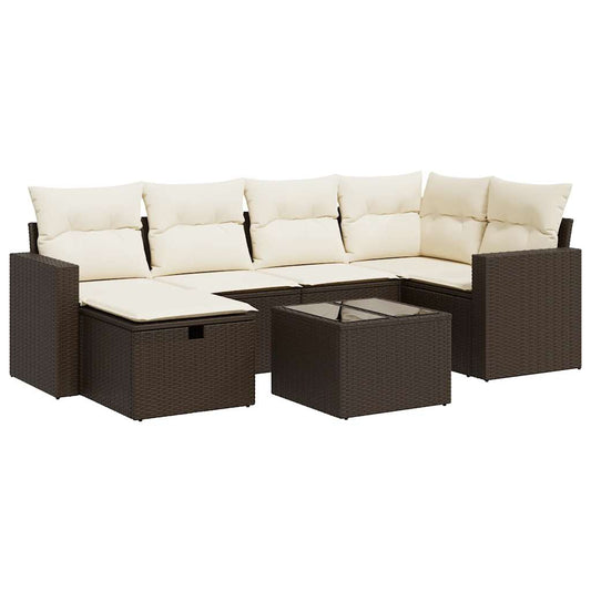 7-tlg. Garten-Sofagarnitur mit Kissen Braun Poly Rattan