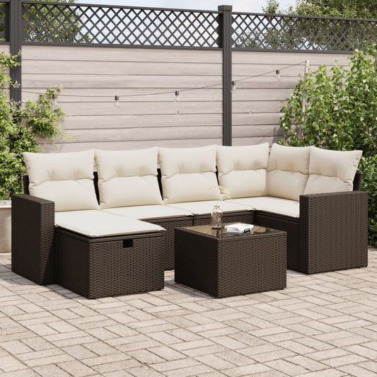 7-tlg. Garten-Sofagarnitur mit Kissen Braun Poly Rattan