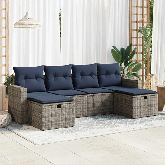 6-tlg. Garten-Sofagarnitur mit Kissen Grau Poly Rattan