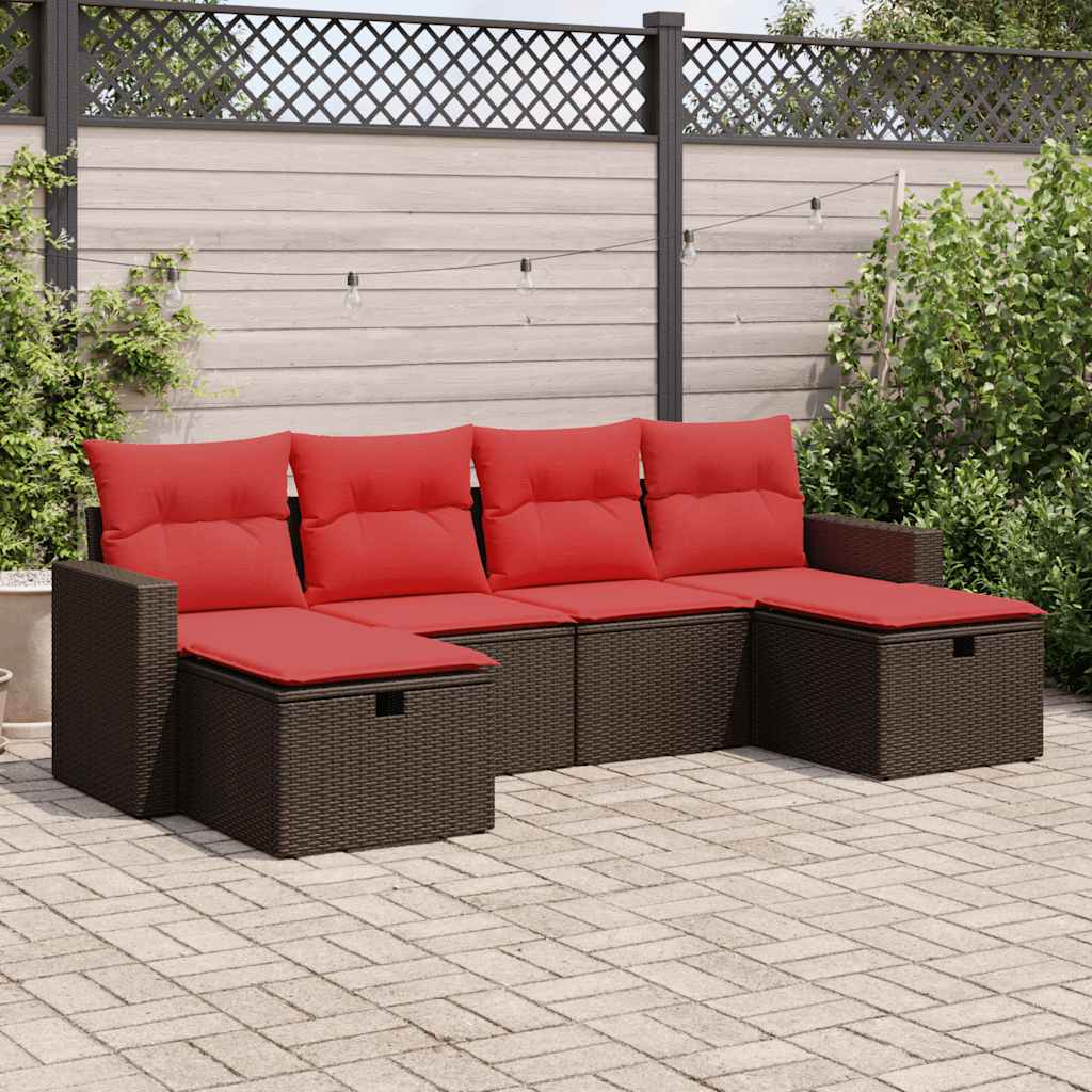 6-tlg. Garten-Sofagarnitur mit Kissen Braun Poly Rattan