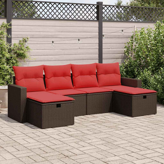 6-tlg. Garten-Sofagarnitur mit Kissen Braun Poly Rattan