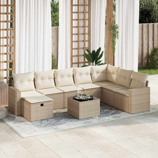9-tlg. Garten-Sofagarnitur mit Kissen Beige Poly Rattan
