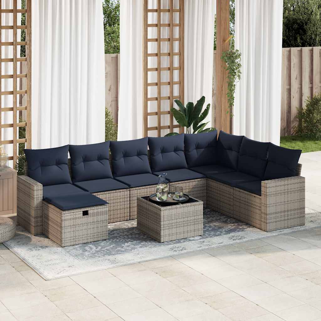 9-tlg. Garten-Sofagarnitur mit Kissen Grau Poly Rattan