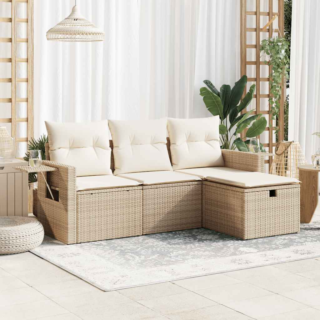 4-tlg. Garten-Sofagarnitur mit Kissen Beige Poly Rattan