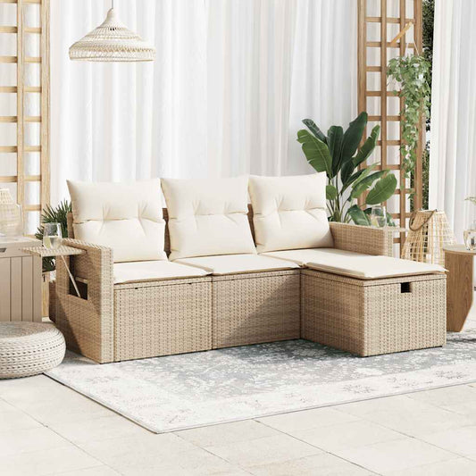4-tlg. Garten-Sofagarnitur mit Kissen Beige Poly Rattan