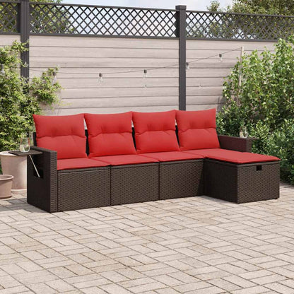 5-tlg. Garten-Sofagarnitur mit Kissen Braun Poly Rattan