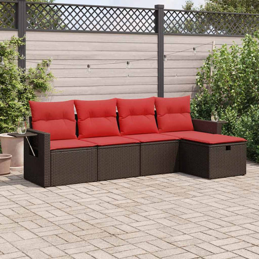 5-tlg. Garten-Sofagarnitur mit Kissen Braun Poly Rattan