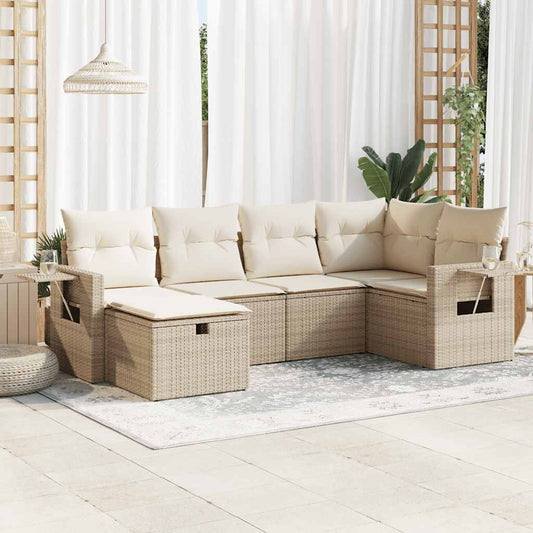 6-tlg. Garten-Sofagarnitur mit Kissen Beige Poly Rattan
