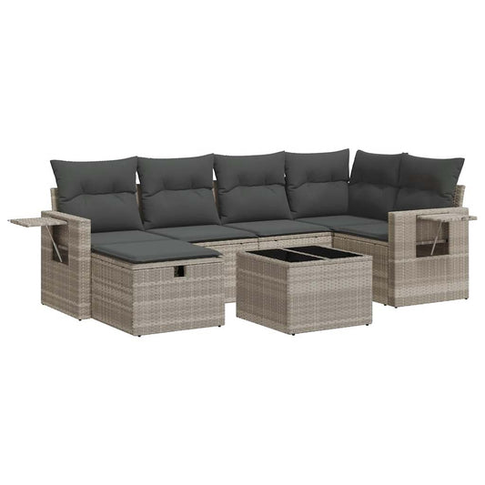 7-tlg. Garten-Sofagarnitur mit Kissen Hellgrau Poly Rattan