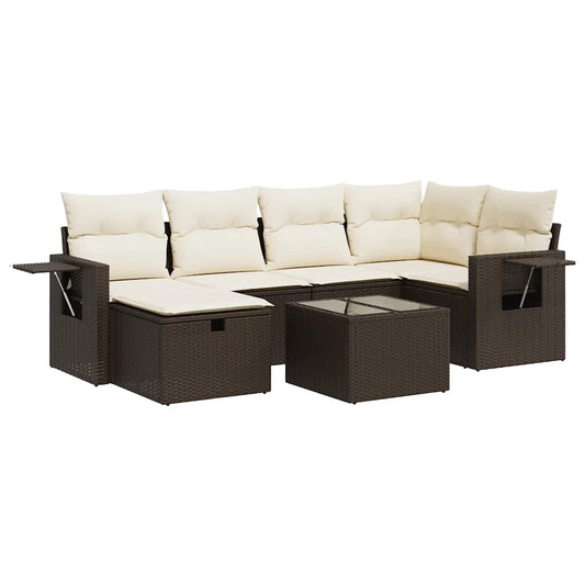 7-tlg. Garten-Sofagarnitur mit Kissen Braun Poly Rattan