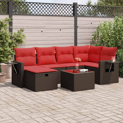 7-tlg. Garten-Sofagarnitur mit Kissen Braun Poly Rattan