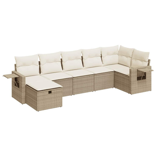 7-tlg. Garten-Sofagarnitur mit Kissen Beige Poly Rattan